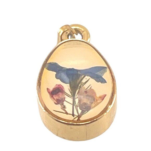 Vintage Teardrop Resin Pendant With Pressed Flowers Encased In Gold-Tone Frame - Picture 1 of 9